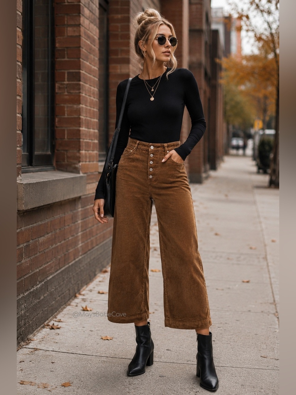 Brown Corduroy Wide-Leg Cropped Pants
